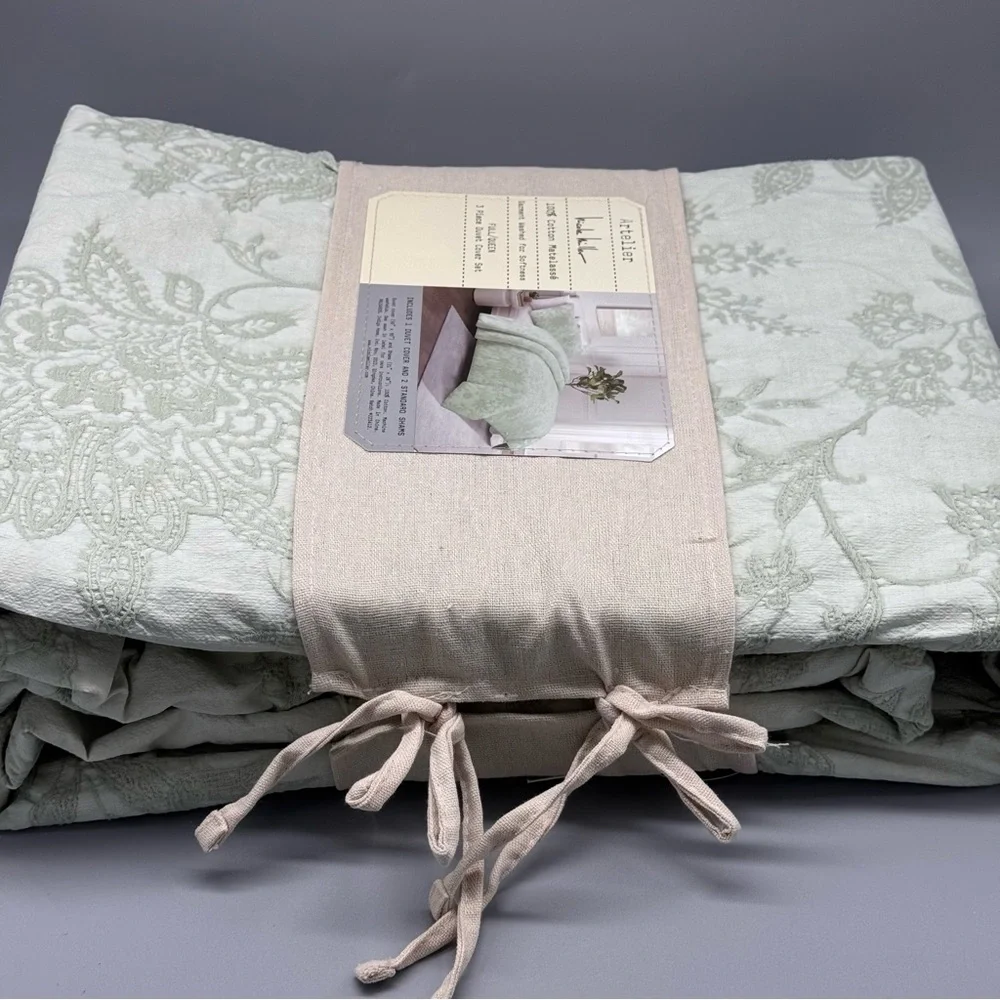 3pc Nicole Miller Artelier Lt Sage Queen Duvet Cover Sham Set Matelasse Cotton